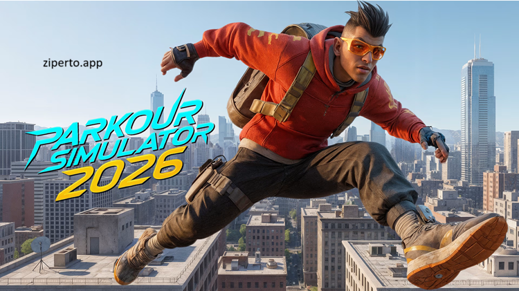 Parkour Simulator 2026 gameplay showing rooftop parkour, wall running, precision jumps, fast movement and traversal mechanics.