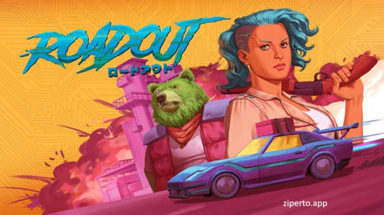 RoadOut gameplay showing post-apocalyptic driving, twin-stick combat, vehicle customization, cybernetic upgrades and enemy battles.
