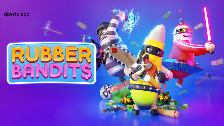 Rubber Bandits 2026 showing colorful bandits fighting with weapons and causing chaos across a multiplayer arena.