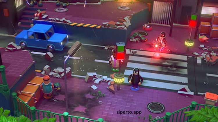 Rubber Bandits 2026 showing colorful bandits fighting with weapons and causing chaos across a multiplayer arena.