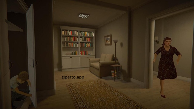 SCHOOLBOY SIM gameplay showing a schoolboy sneaking through a house, searching rooms and avoiding his parents.