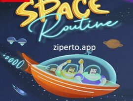 Space Routine gameplay showing a family living in a colorful retro space with homes, daily activities and futuristic surroundings.