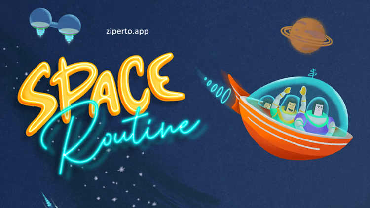 Space Routine gameplay showing a family living in a colorful retro space with homes, daily activities and futuristic surroundings.