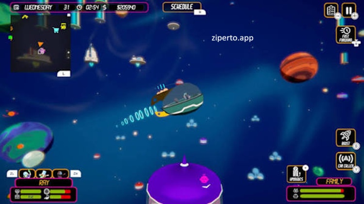 Space Routine gameplay showing a family living in a colorful retro space with homes, daily activities and futuristic surroundings.