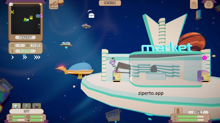 Space Routine gameplay showing a family living in a colorful retro space with homes, daily activities and futuristic surroundings.