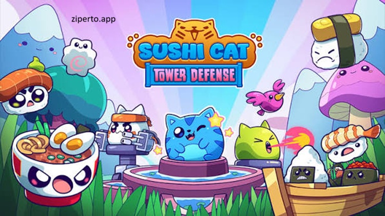 Sushi Cat – Tower Defense gameplay featuring cute sushi characters, colorful defense stages, upgrades and cartoon action.