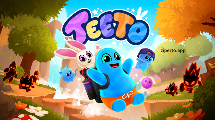 Teeto Switch gameplay showing the blob hero and bunny companion exploring a colorful 3D world and battling shadow creatures.