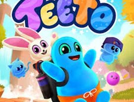 Teeto Switch gameplay showing the blob hero and bunny companion exploring a colorful 3D world and battling shadow creatures.