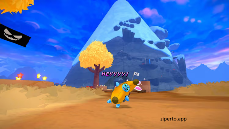Teeto Switch gameplay showing the blob hero and bunny companion exploring a colorful 3D world and battling shadow creatures.