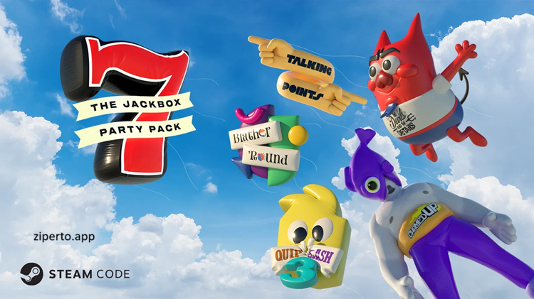 The Jackbox Party Pack 7 2026 featuring five party games, colorful cartoon graphics, drawings and group gameplay.