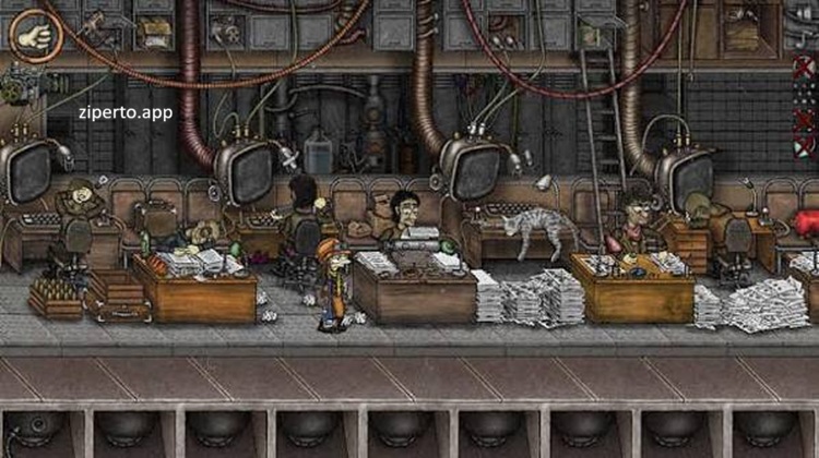 The Last Shot gameplay showing a dieselpunk engineer exploring industrial machinery and dangerous wartime environments.