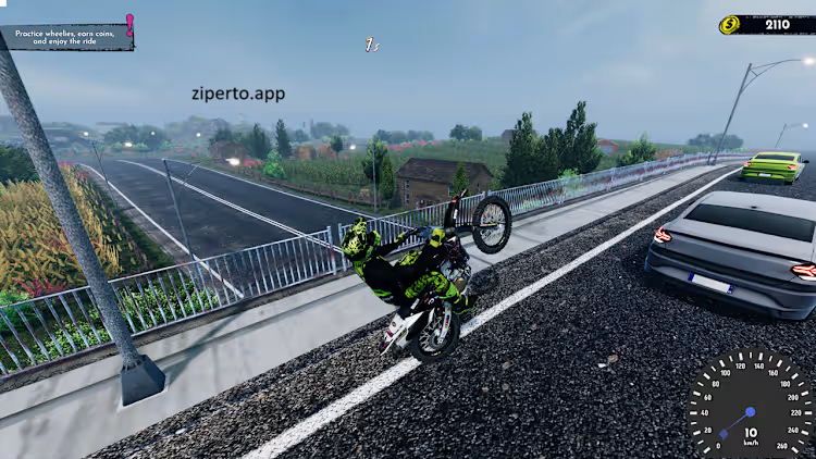 Wheelie Life Simulator gameplay showing a motorcycle rider with detailed riding environments and realistic bike physics.