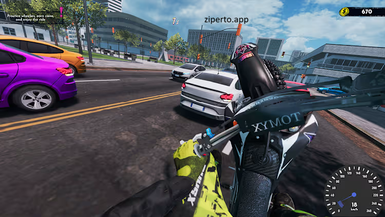 Wheelie Life Simulator gameplay showing a motorcycle rider with detailed riding environments and realistic bike physics.