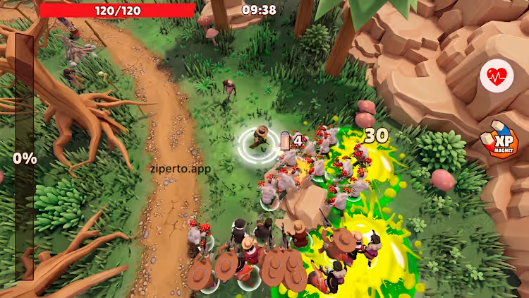 Wild West Survivors gameplay showing a gunslinger battling enemy waves with weapons, upgrades, and western scenery.
