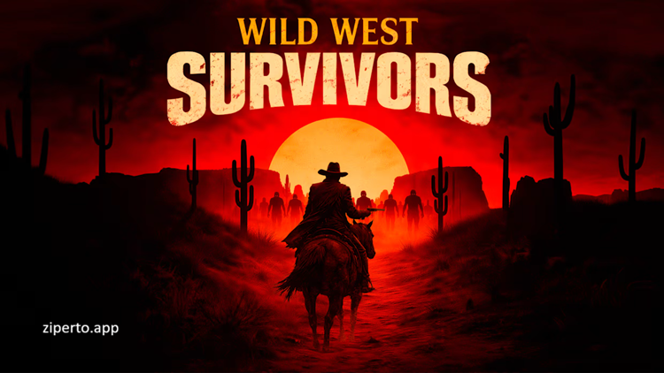 Wild West Survivors gameplay showing a gunslinger battling enemy waves with weapons, upgrades, and western scenery.