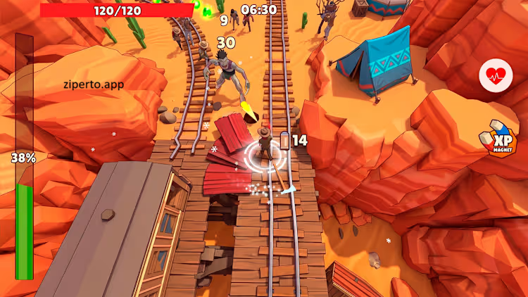 Wild West Survivors gameplay showing a gunslinger battling enemy waves with weapons, upgrades, and western scenery.