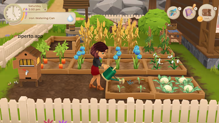 Wylde Flowers gameplay featuring Tara farming crops, casting magical spells, exploring Fairhaven, and building friendships.