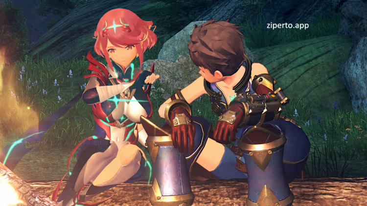 Xenoblade Chronicles 2 gameplay showing Rex and Pyra exploring a vast fantasy world with Titans, dramatic landscapes and real-time RPG combat.