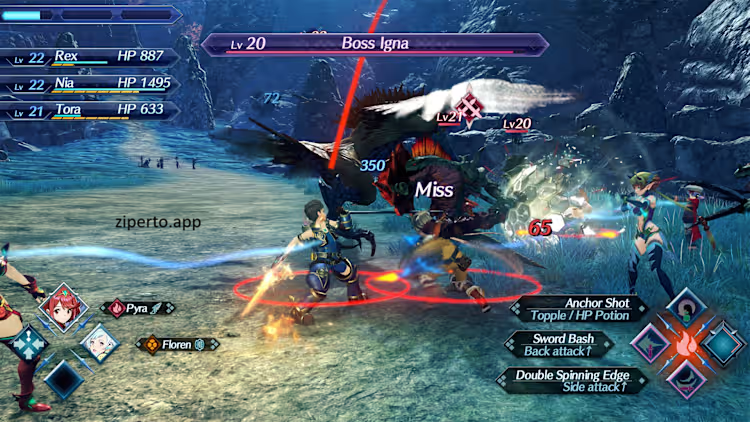 Xenoblade Chronicles 2 gameplay showing Rex and Pyra exploring a vast fantasy world with Titans, dramatic landscapes and real-time RPG combat.