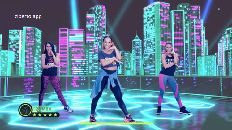 Zumba Burn It Up gameplay featuring energetic dance workouts, licensed music, fitness routines and colorful workout stages.