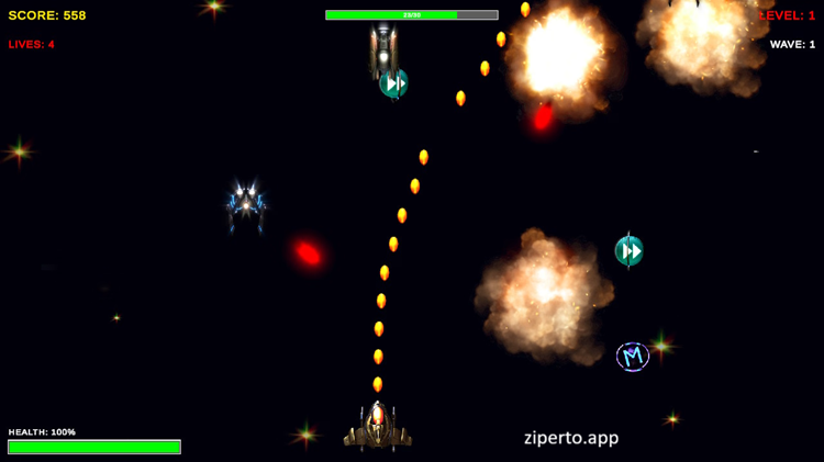 Astra GalaxyX 2026 showing battling enemy ships, projectiles and bosses across a galaxy.