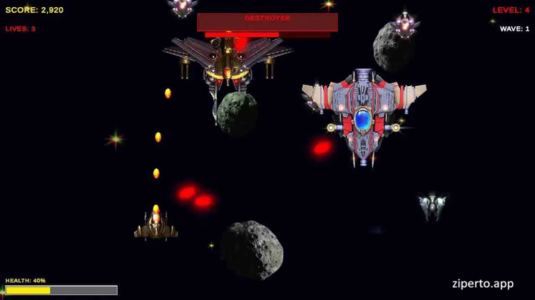 Astra GalaxyX 2026 showing battling enemy ships, projectiles and bosses across a galaxy.