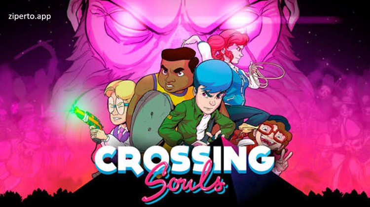 Crossing Souls 2026 featuring five friends, supernatural events, pixel art, and 1980s California.