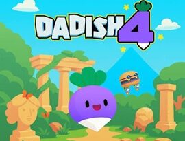 Dadish 4 2026 featuring DJ, colorful platforming levels, obstacles and radish characters.