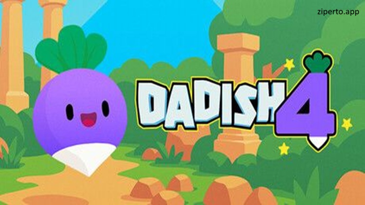 Dadish 4 2026 featuring DJ, colorful platforming levels, obstacles and radish characters.