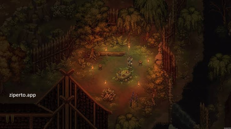 Drova 2026 showing a warrior exploring a dark pixel-art fantasy world.