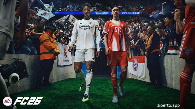 EA SPORTS FC 26 showing football players competing in a realistic stadium match.