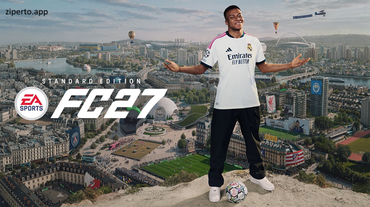 EA SPORTS FC 27 featuring football players, stadium action, Career Mode and The Grounds.