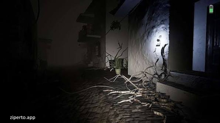 Escape from Umbra 2026 character exploring a dark village with a flashlight in avoiding threats.