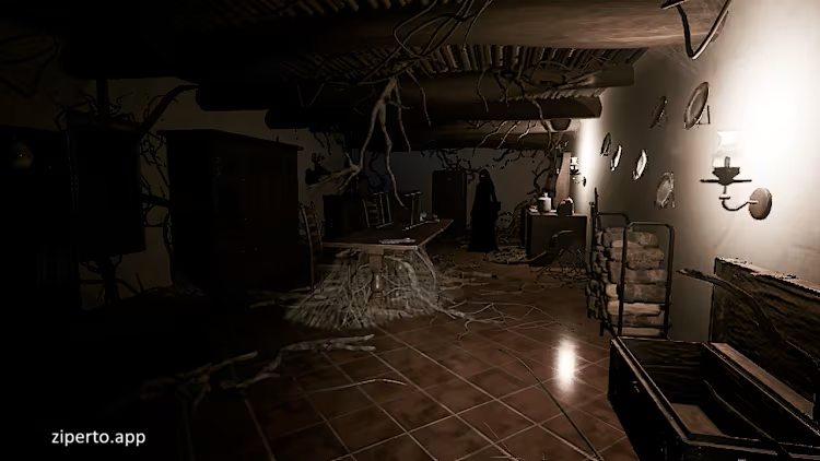 Escape from Umbra 2026 character exploring a dark village with a flashlight in avoiding threats.