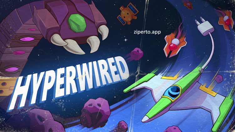 HYPERWIRED 2026 features spaceship battling enemies with bullets in a dark pixel-art galaxy.