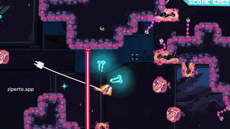 HYPERWIRED 2026 features spaceship battling enemies with bullets in a dark pixel-art galaxy.
