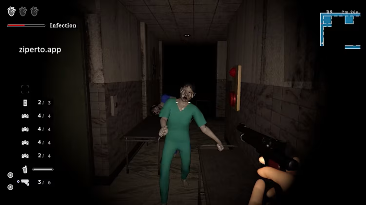 Infection Maze 2026 survivor exploring a dark hospital filled with infected enemies.