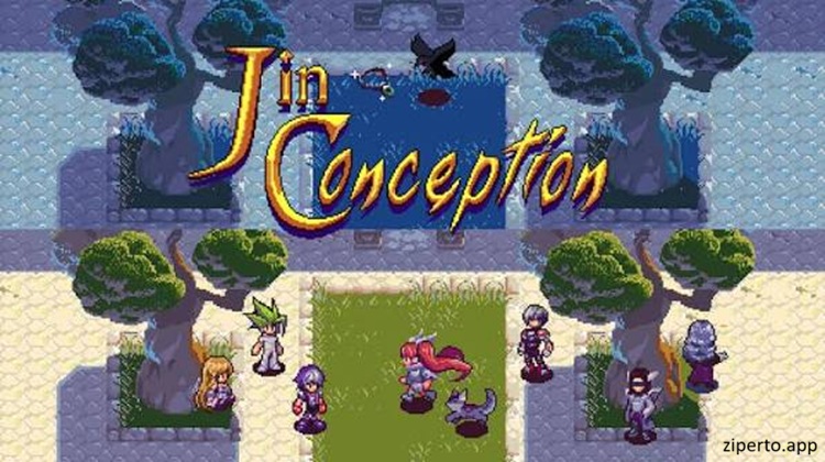 Jin Conception 2026 showing pixel-art characters facing a mysterious fantasy battle.