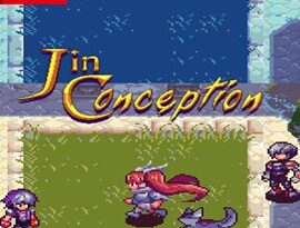 Jin Conception 2026 showing pixel-art characters facing a mysterious fantasy battle.