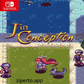 Jin Conception 2026 showing pixel-art characters facing a mysterious fantasy battle.