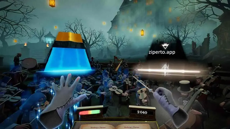 Maestro 2026 conductor guiding an orchestra with motion controls during a stylish rhythm performance.
