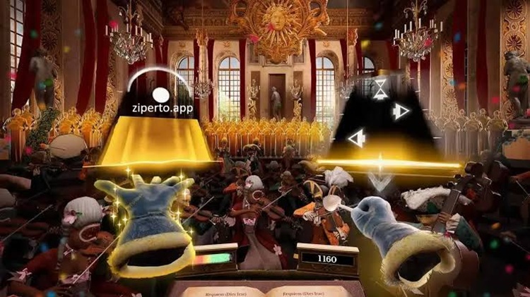 Maestro 2026 conductor guiding an orchestra with motion controls during a stylish rhythm performance.