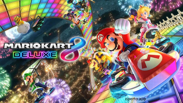 Mario Kart 8 Deluxe 2026 featuring colorful racers, varied tracks and fast-paced racing action.