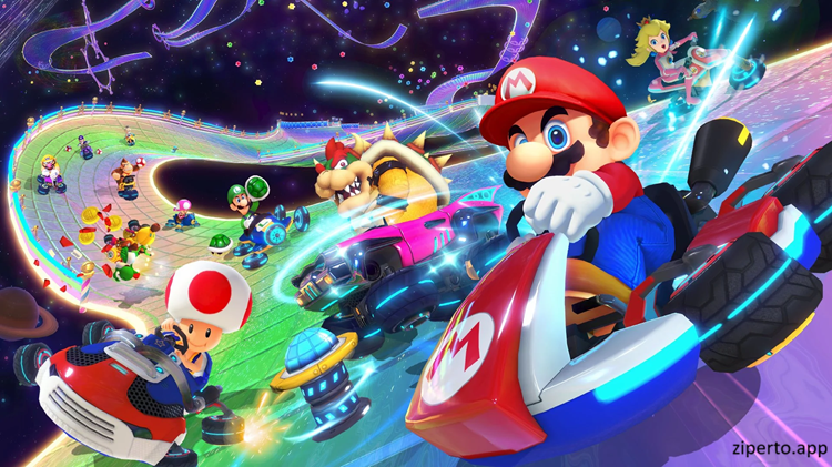 Mario Kart 8 Deluxe 2026 featuring colorful racers, varied tracks and fast-paced racing action.