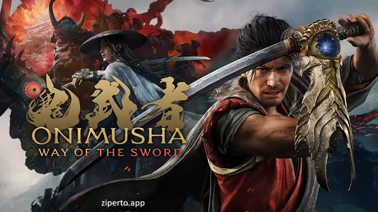Onimusha: Way of the Sword 2026 showing Miyamoto Musashi battling Genma enemies in dark Edo-period Kyoto.