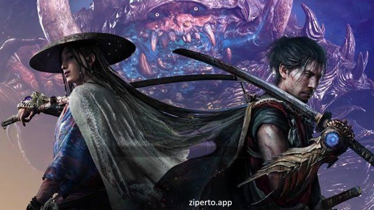 Onimusha: Way of the Sword 2026 showing Miyamoto Musashi battling Genma enemies in dark Edo-period Kyoto.