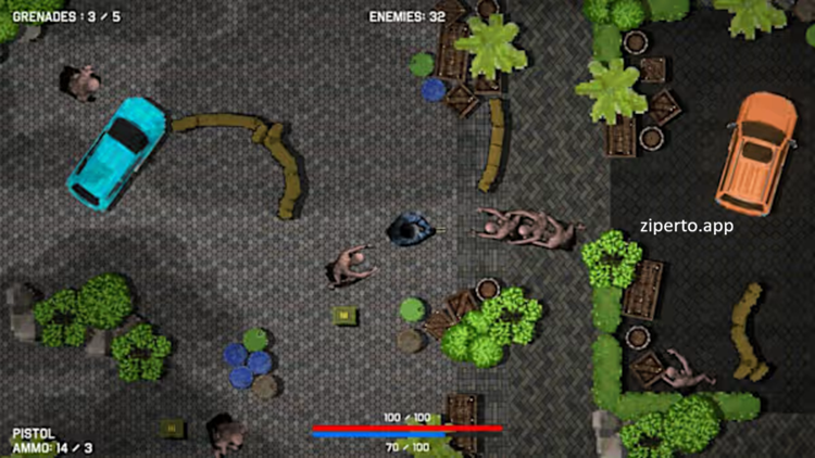 Outbreak Compound 2026 featuring zombie hordes, explosives and top-down survival combat.