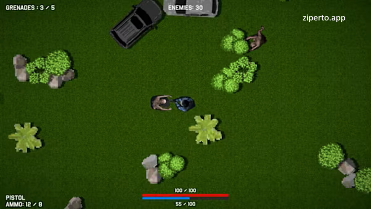 Outbreak Compound 2026 featuring zombie hordes, explosives and top-down survival combat.