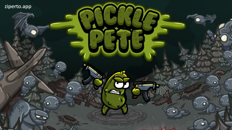 Pickle Pete 2026 featuring a battle-ready pickle, enemy waves and colorful roguelite combat.