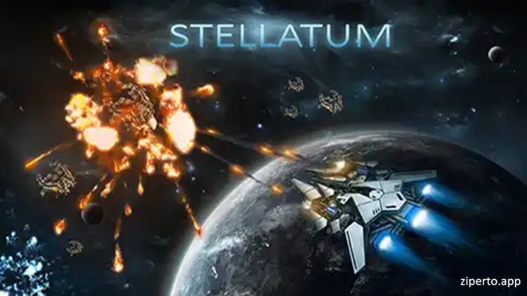 STELLATUM 2026 fighting enemy ships with rockets across a futuristic space battlefield.
